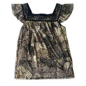 Access Liz Claiborne Top S Black Brown Beige Summer Casual Shirt Animal Print